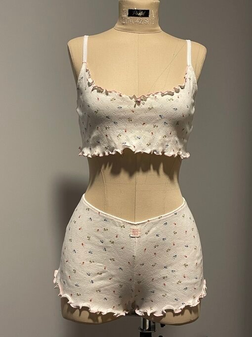 Sett — Bralette & Shorts, Pointelle blomsterprint, økologisk bomull