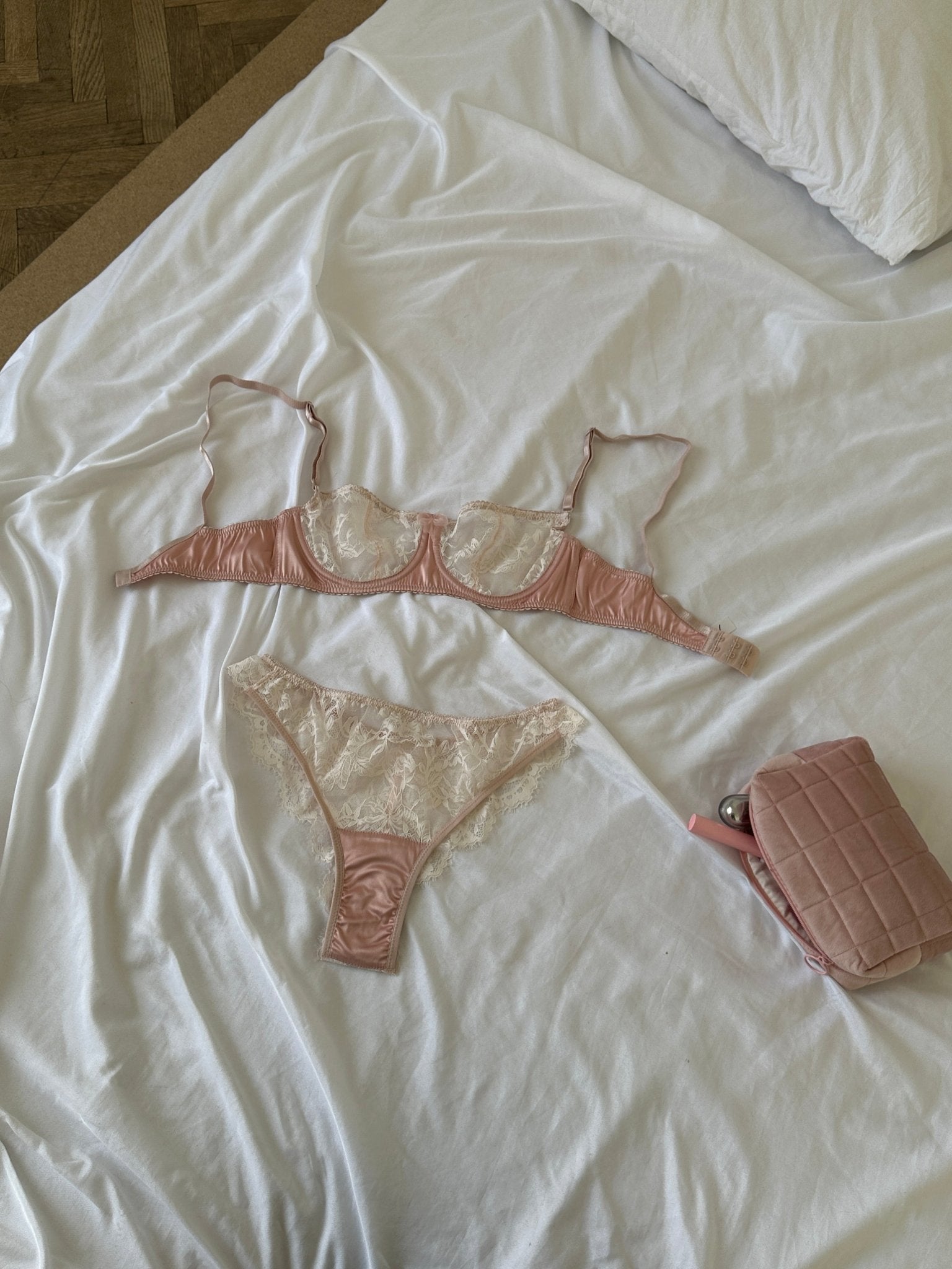 Pink satin with lace bra and panty - Pastel Artwear